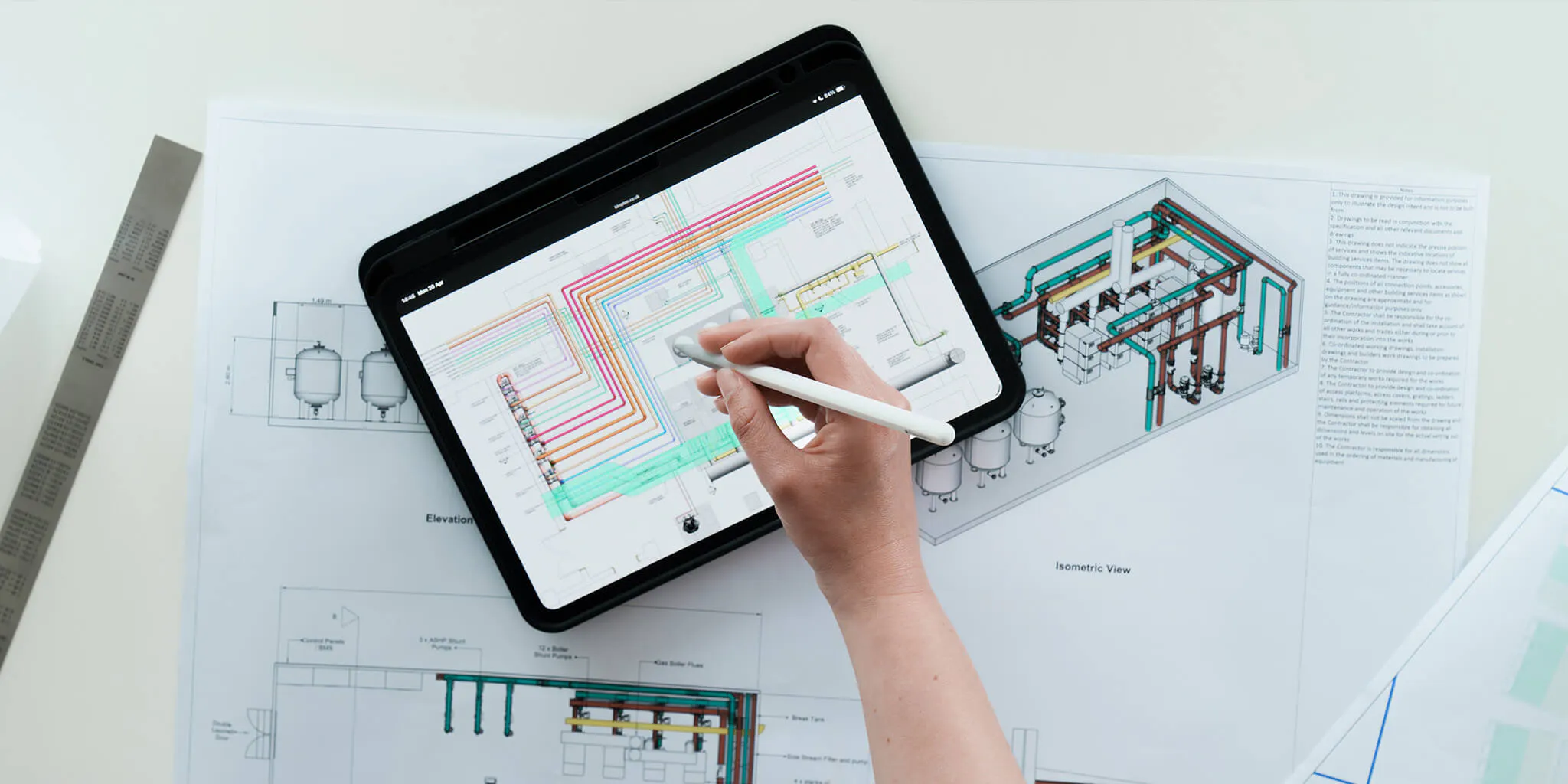 Person drawing on tablet alongside drawings on desk