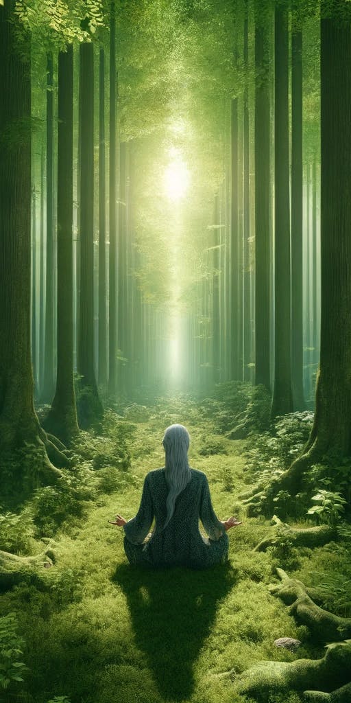 A realistic image depicting a dense, lush forest with a woman with gray hair is seated in the center.