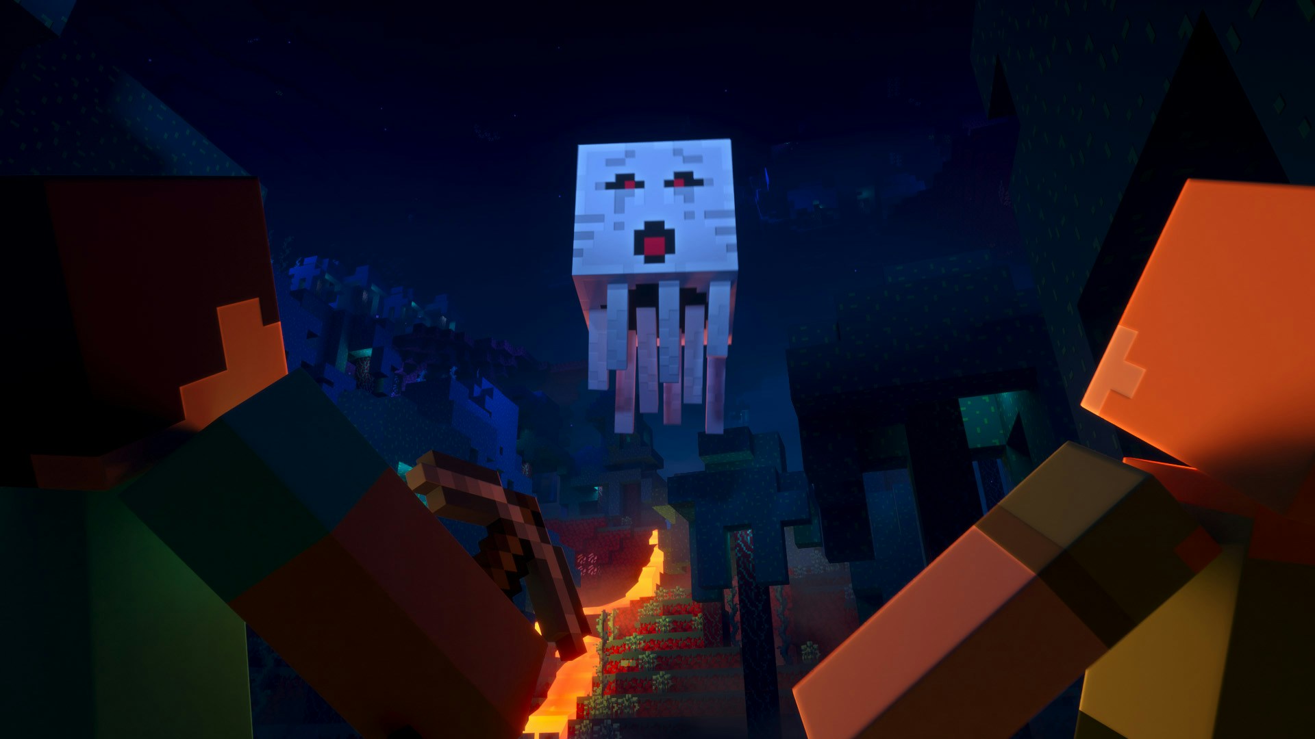 Steve and alex are suprised from a Ghast in the Nether