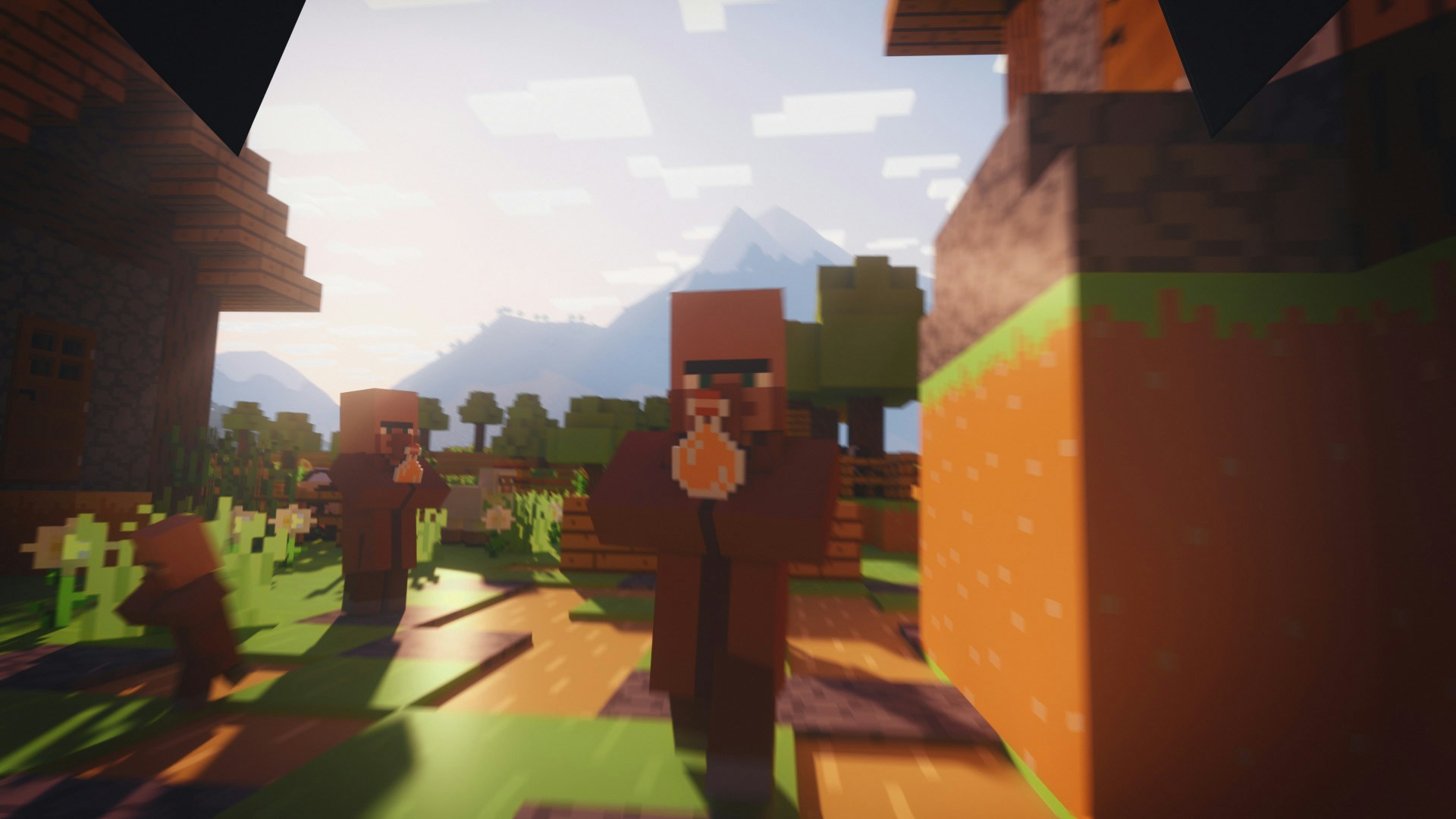Villagers with honey in a sunny minecraft village