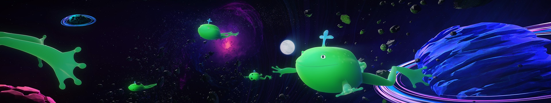 Space frogs swimming in a meteor shower close to a blue planet.