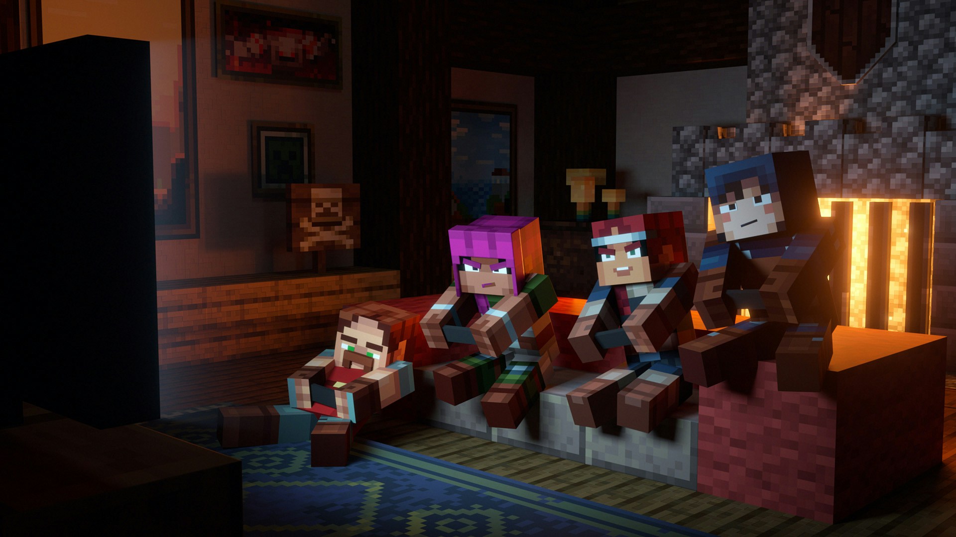 Adrien, Hal, Hex and Valorie are inside a cosy cabin with a fireplace in the background. They are sitting in a sofa playing minecraft dungeons on a TV in the foreground