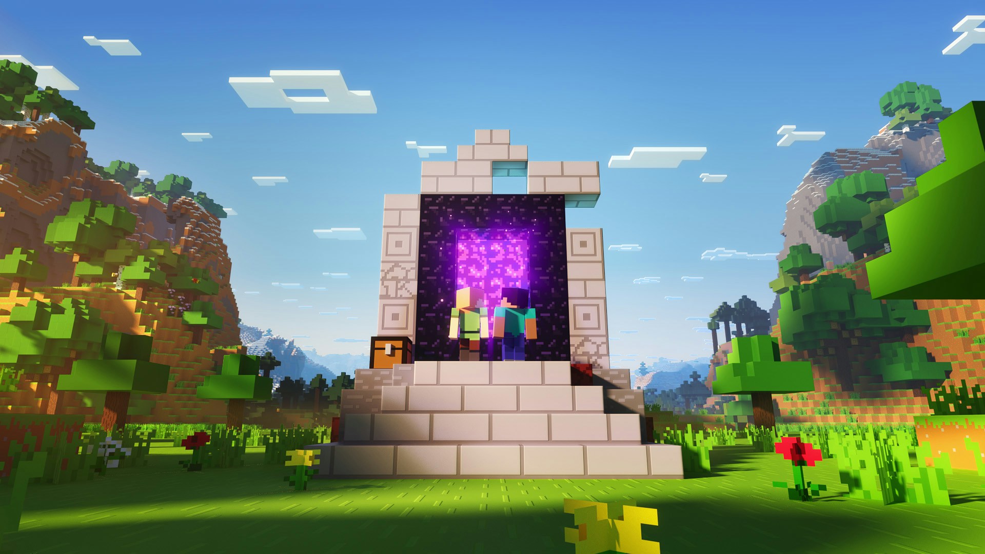 Steve and Alex is about to jump in to the Nether portal of Minecraft