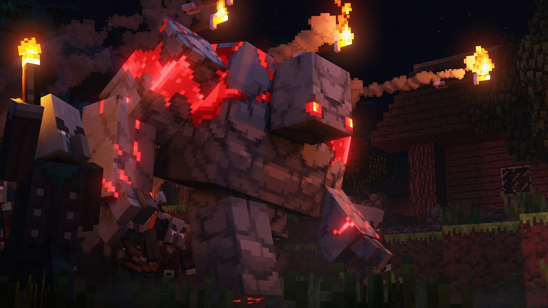 Red stone golem attacking a village with villagers. 