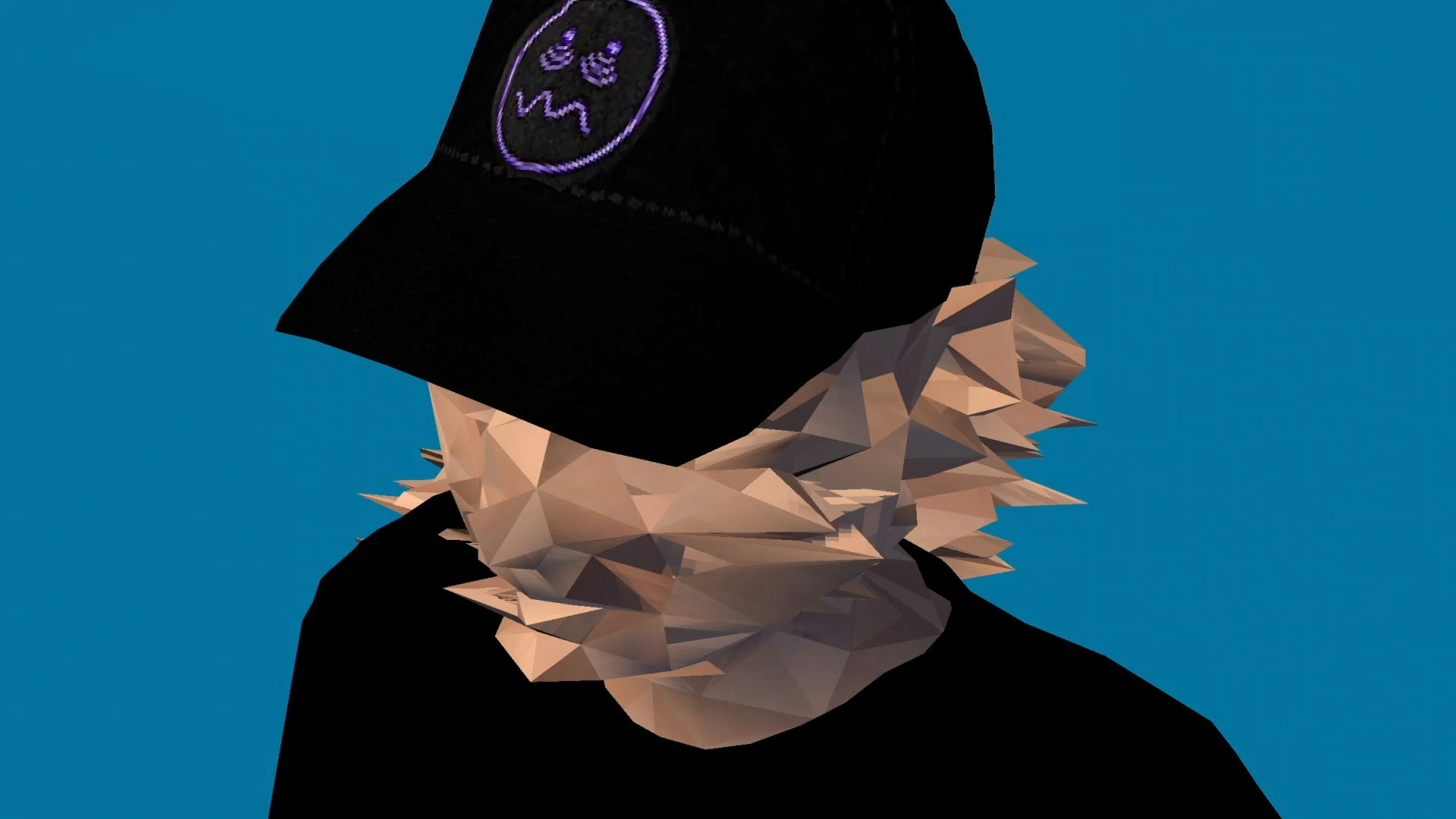 A 3D-character wearing a weekday cap with a blue background. The face of the 3D-character is glitching out with visible polygons