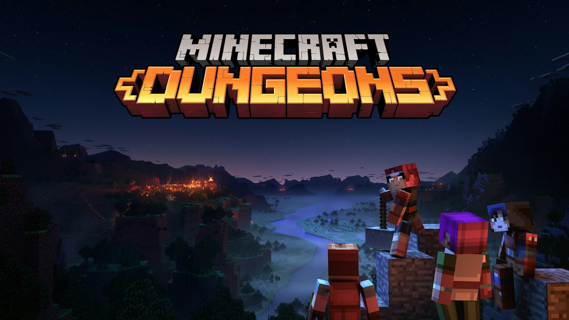 The main characters of Minecraft Dungeons Hal, Hex, Valorie and Hedwig are looking over the valley. This is also the packshot. 
