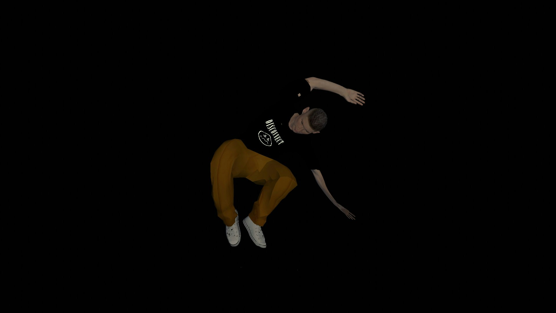 A virtual influencer levitating in space with a strange body pose.
