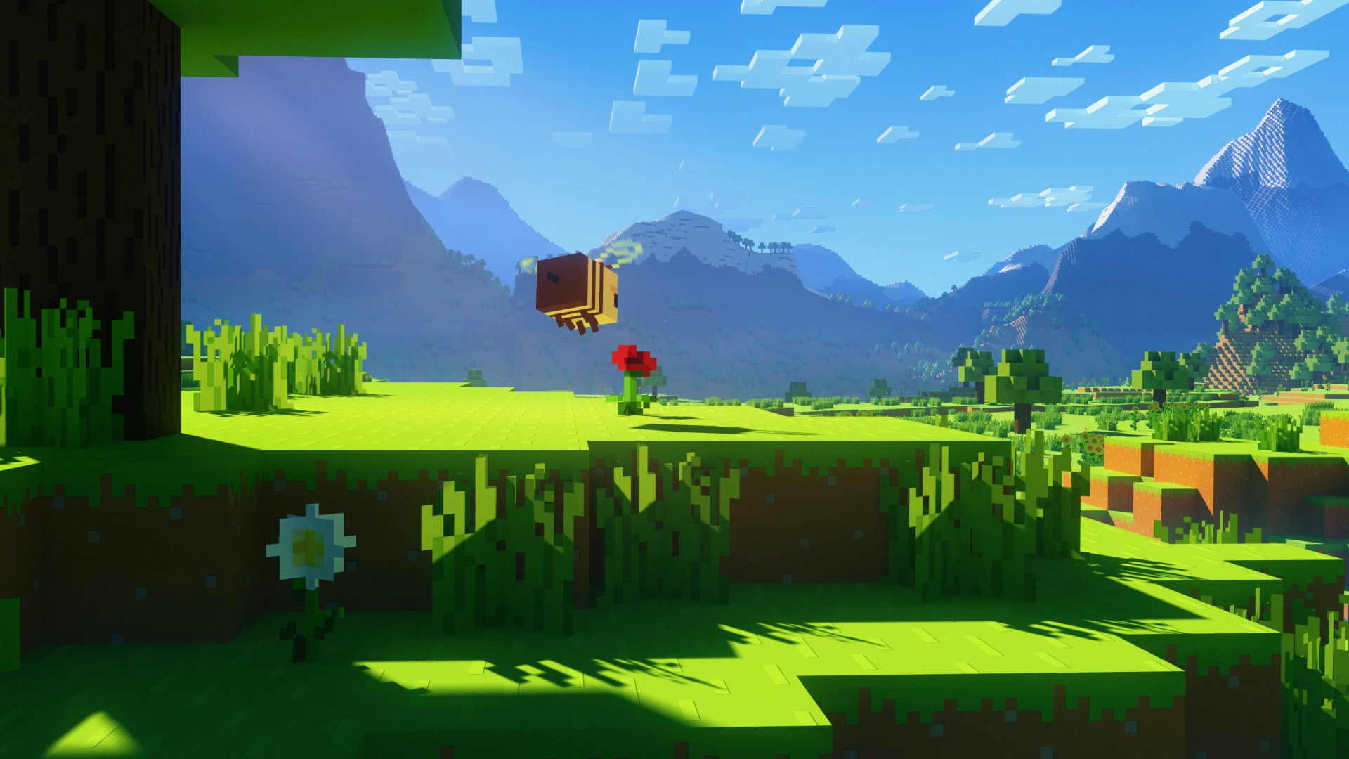 Minecraft bee pollinating a poppy flower in a green landscape with surrounding mountains. 