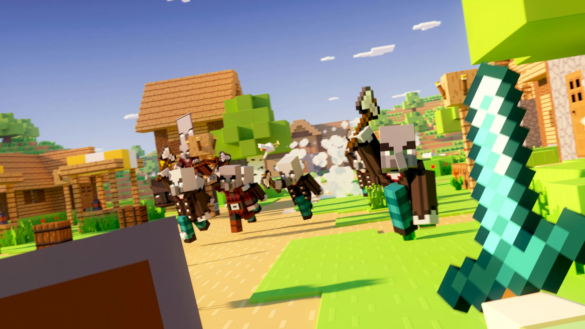 First person view of pillagers attacking a village. Wielding a diamond swords and a shield. 