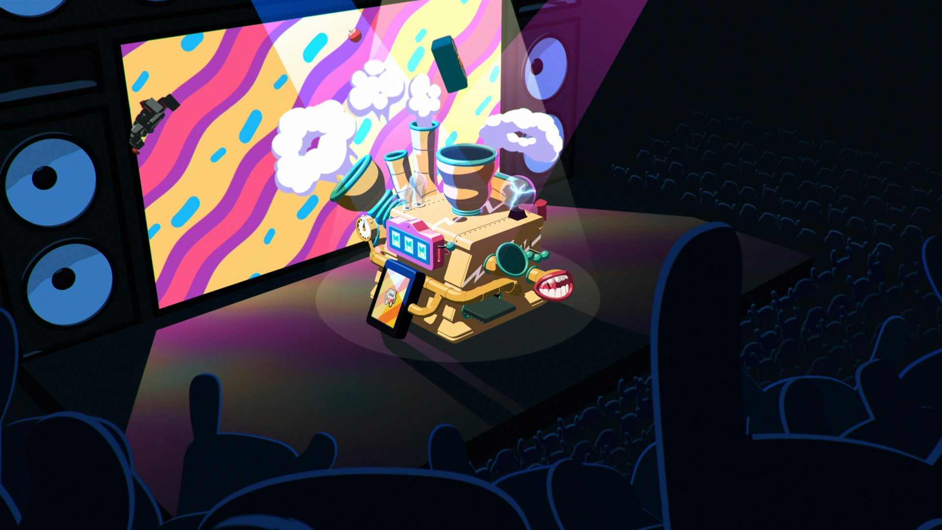 A wild machine standing on a stage with a spotlight shining on it from the toprowd of Casumos jumping and cheering. Random objects is being shot out of the machine.
