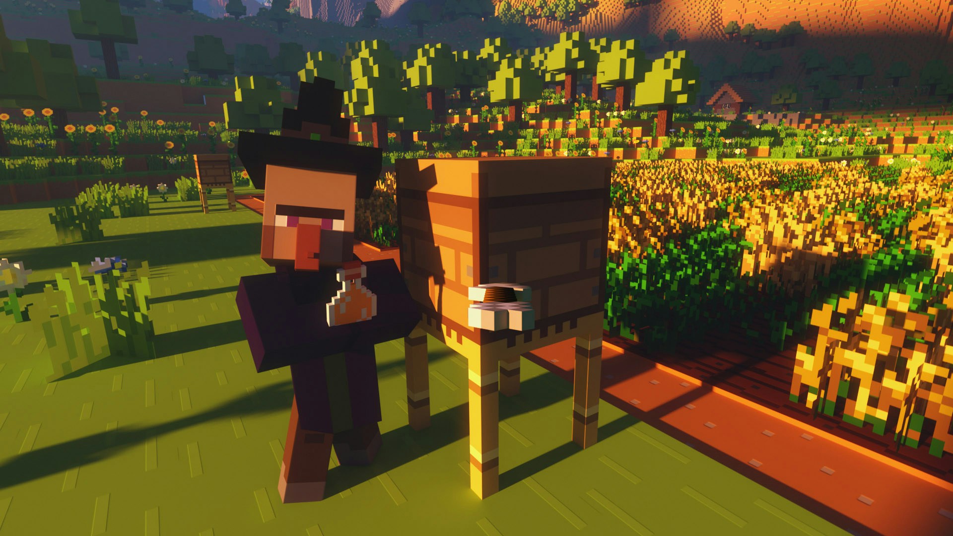 Minecraft tapping honey from a bee hive surrounded by hugh crops.