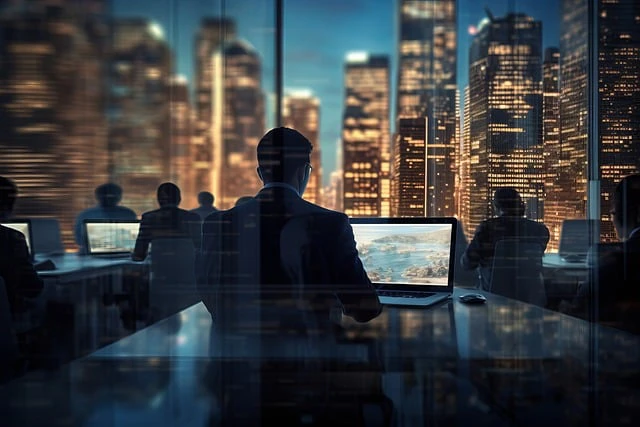 a man working in an office at night