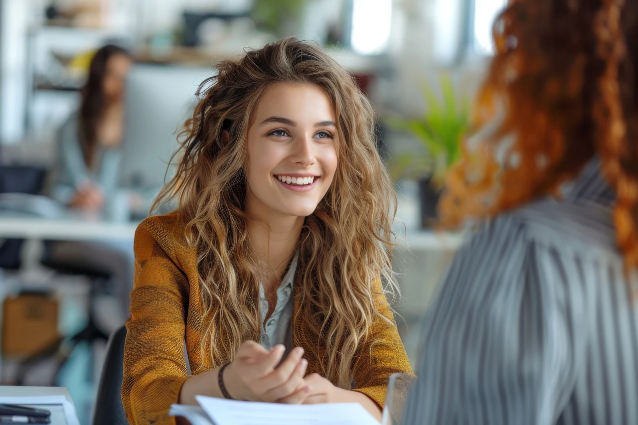 a woman smiling while talking to a colleague in a modern office
