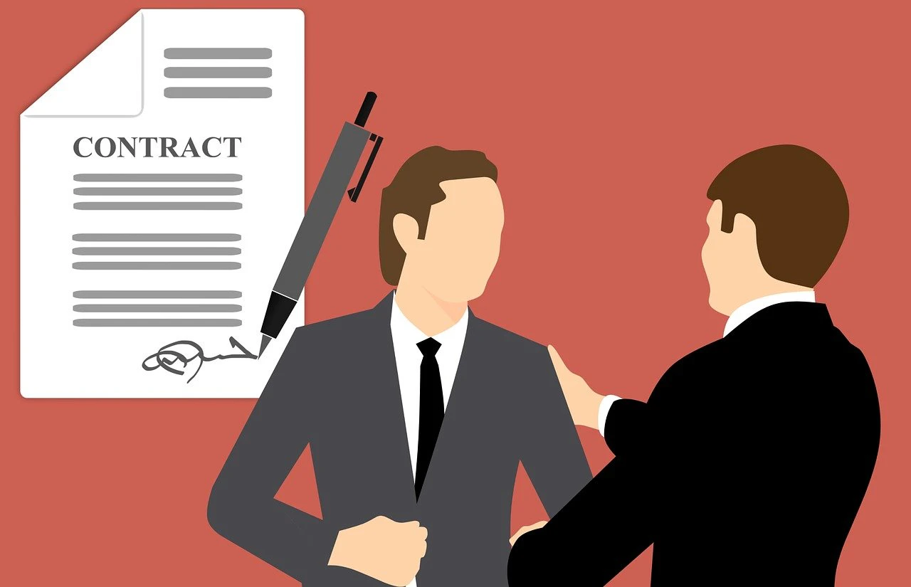 Illustration of two people shaking hands in front of a contract document on a red background