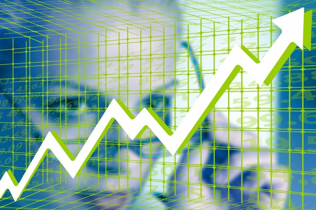 Composite image of a businessman with a rising growth arrow chart and green data grid overlay