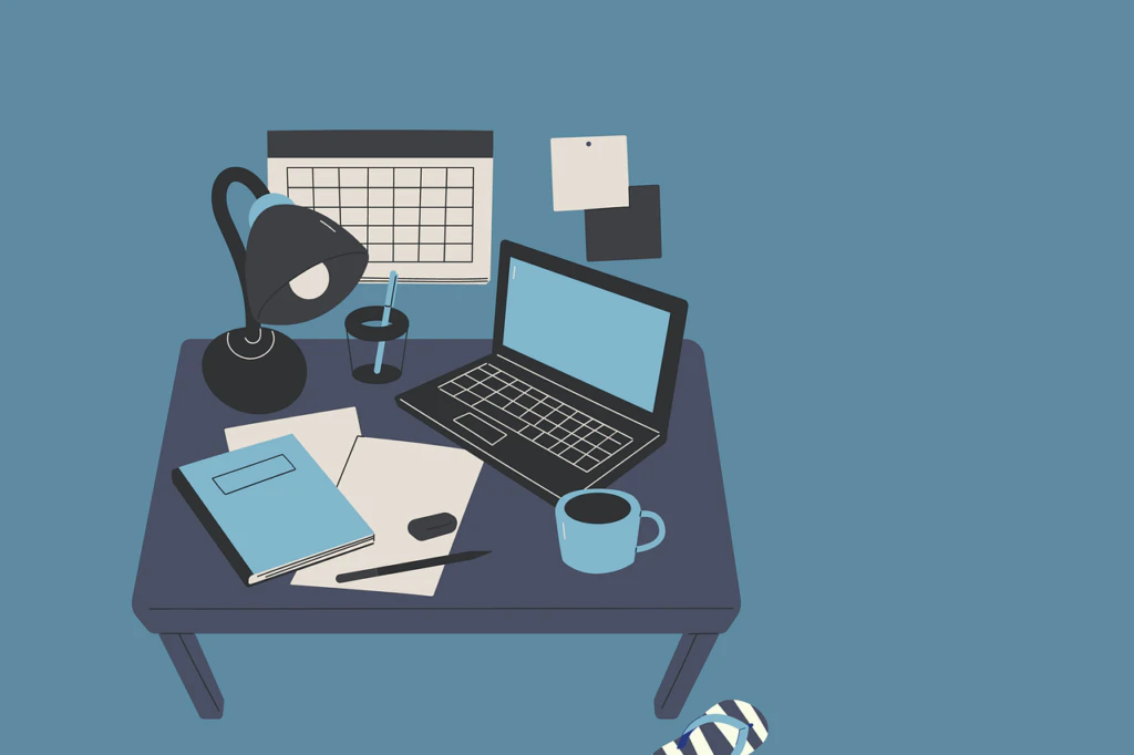 Flat illustration of a home office desk with laptop, lamp, notebook, and coffee cup