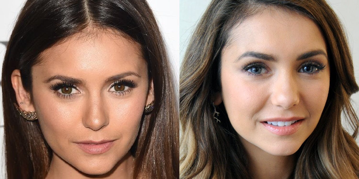 Nina Dobrev wearling blue coloured lenses