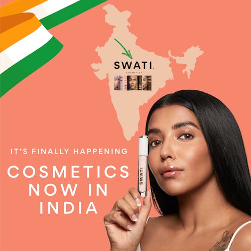 Swati Verma holding Tourmaline with India map and cosmetics products