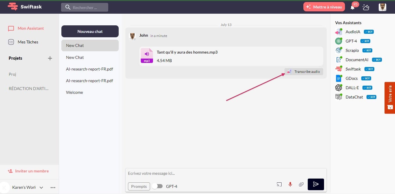 How to click on "Transcribe audio"
