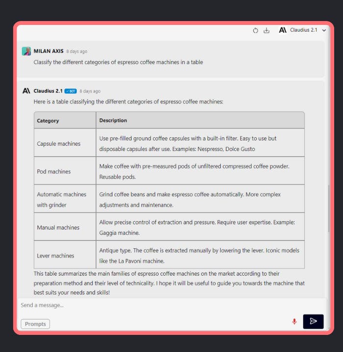 Prompt and response from Claude 2.1