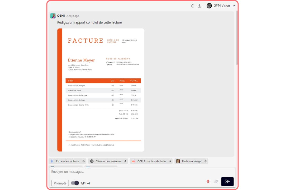 Facture insérée sur GPT4 Vision