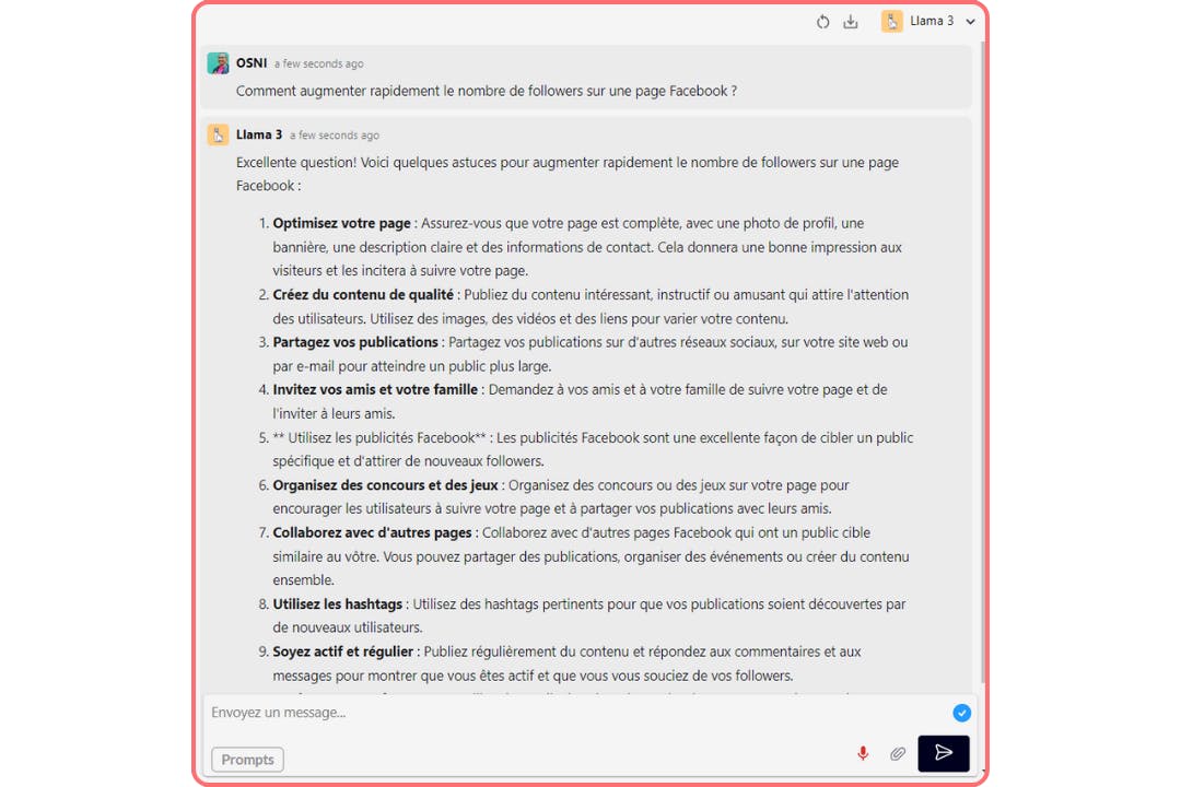 réponse à un prompt sur Llama 3 avec Swiftask