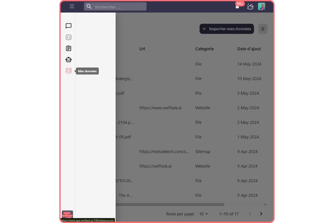 Mes données sur Swiftask