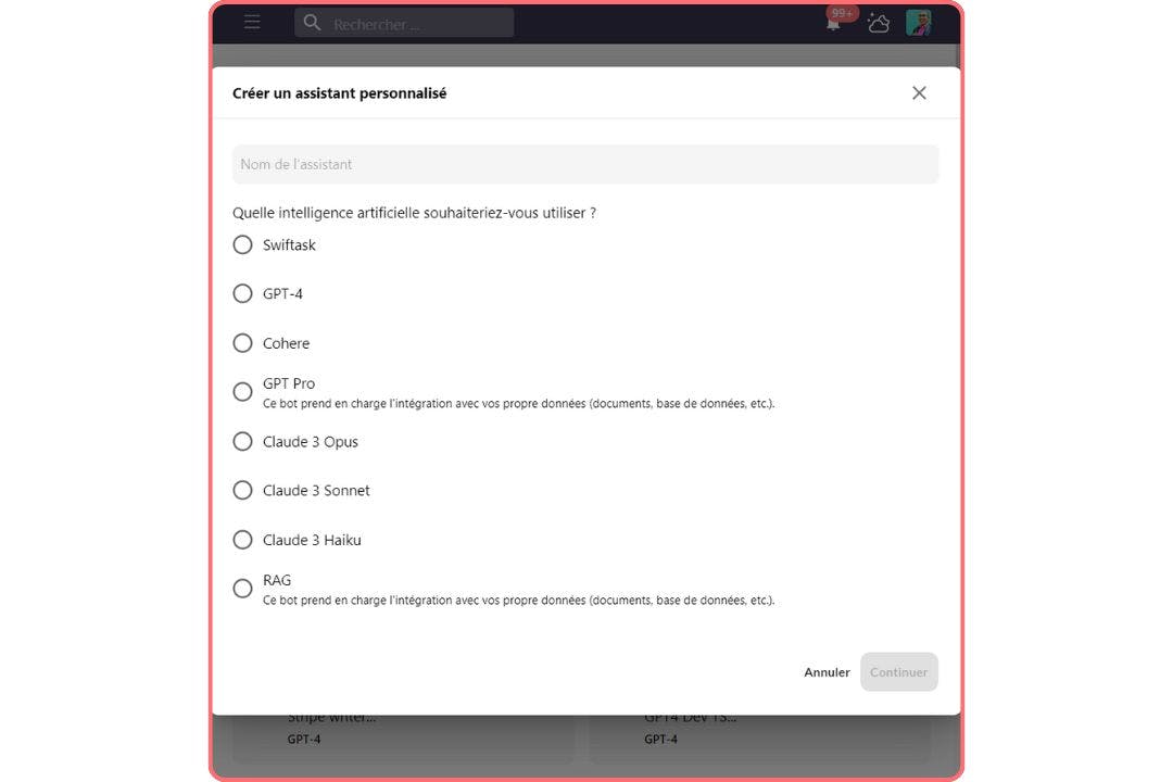 Nom et choix de l'iA RAG sur Swiftask