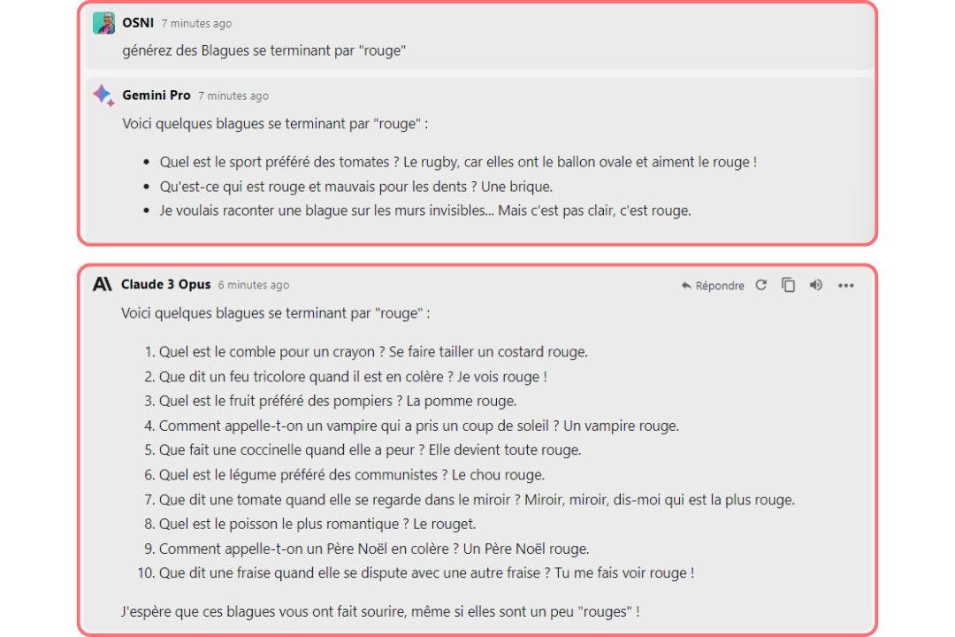 blagues générées par Claude 3 Opus et Gemini Pro