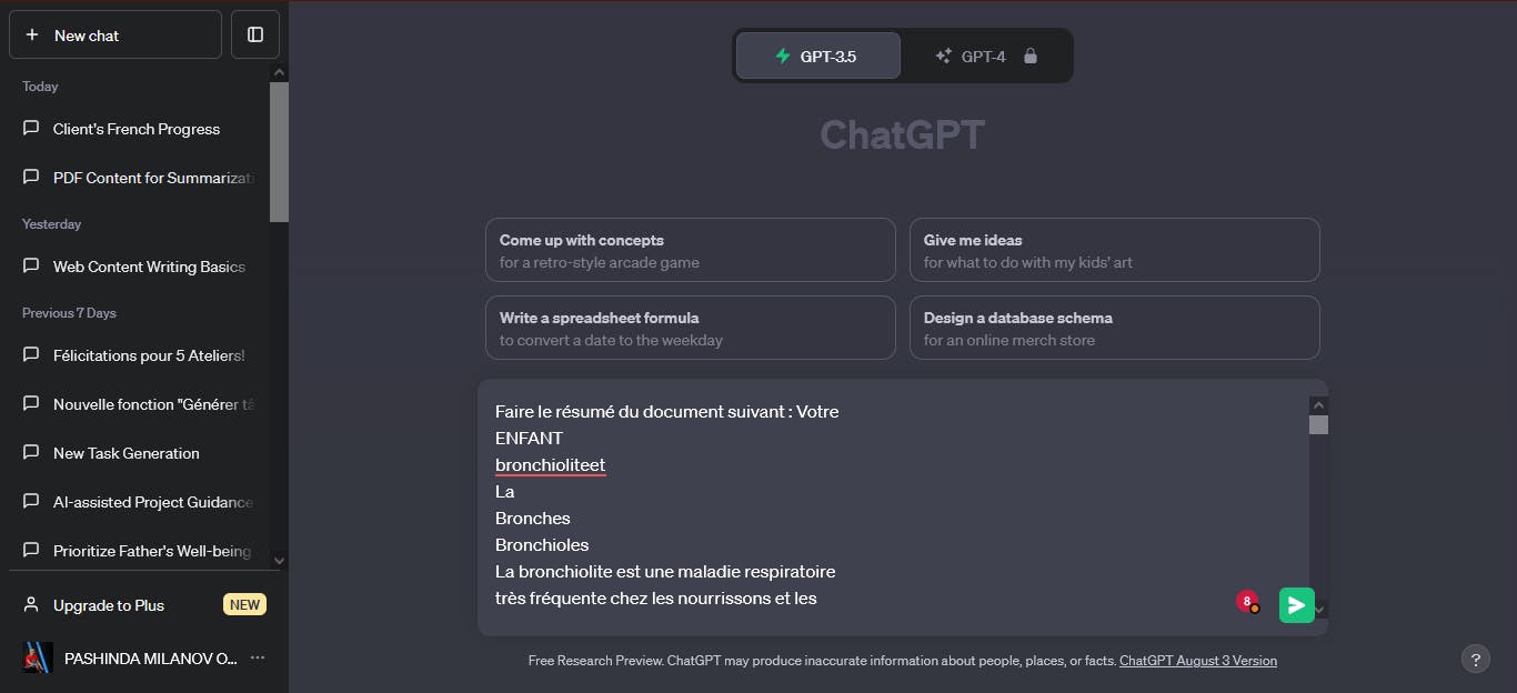 Exemple des textes inserés dans le chat