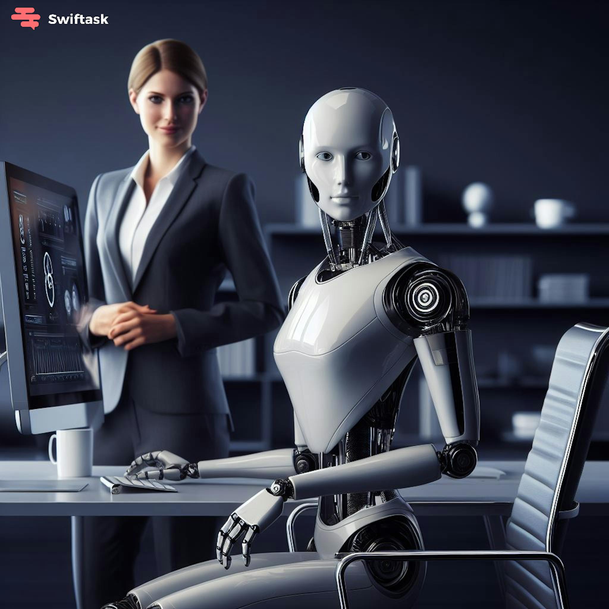 An impressively realistic AI-powered aristic robot sits confidently at a sleek desk in front of computer on the right, while a woman in a sophisticated suit stands proudly behind it, exuding professionalism and pride