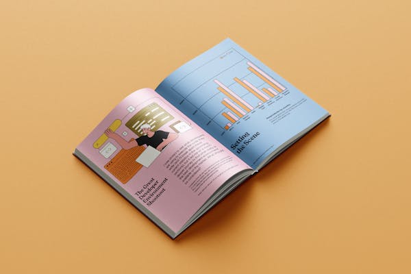 Open book with graphics and charts