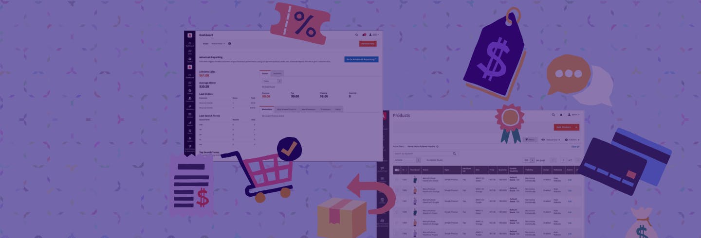 Stylized graphic featuring Magento admin dashboards, eCommerce icons, and symbols related to online selling, including shopping carts, product management, discounts, and payments. The background has a subtle confetti pattern, reinforcing a modern and engaging digital commerce theme.