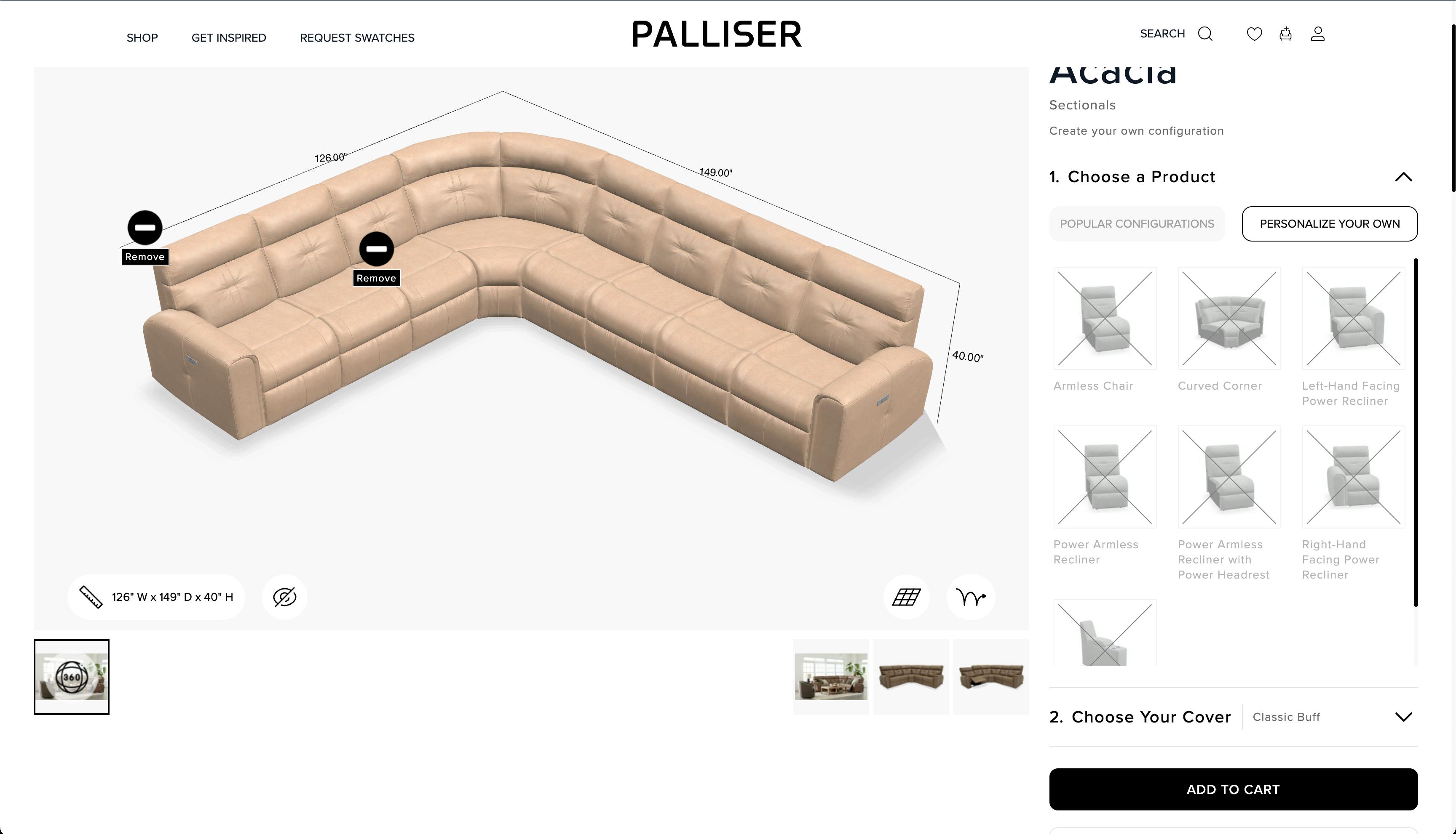 An example screenshot of Palliser's 3D configurator powered by Adobe Commerce and PWA Studio.