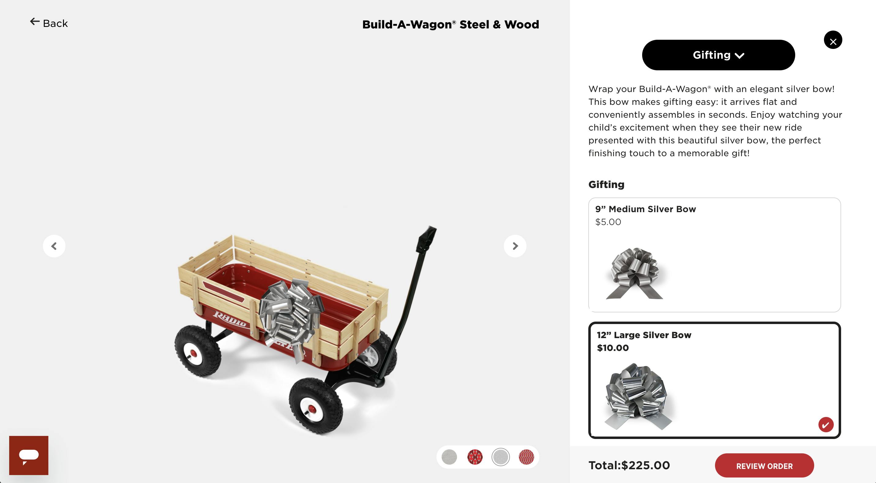 An example screenshot of Radio Flyer's 2D configurator on Shopify.