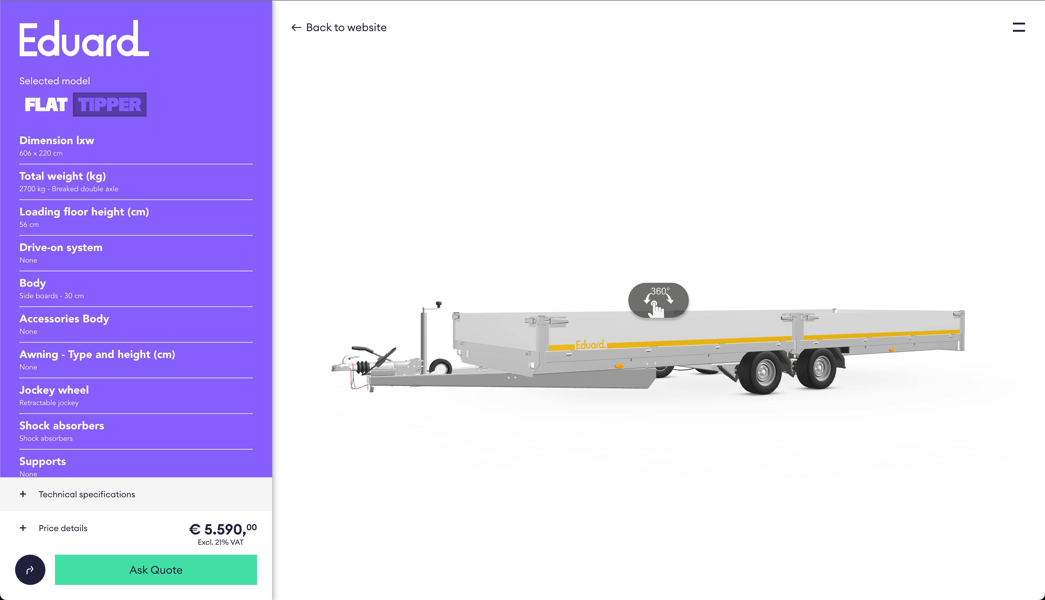 An example screenshot of Eduard Trailers' 3D product configurator powered by Expivi.
