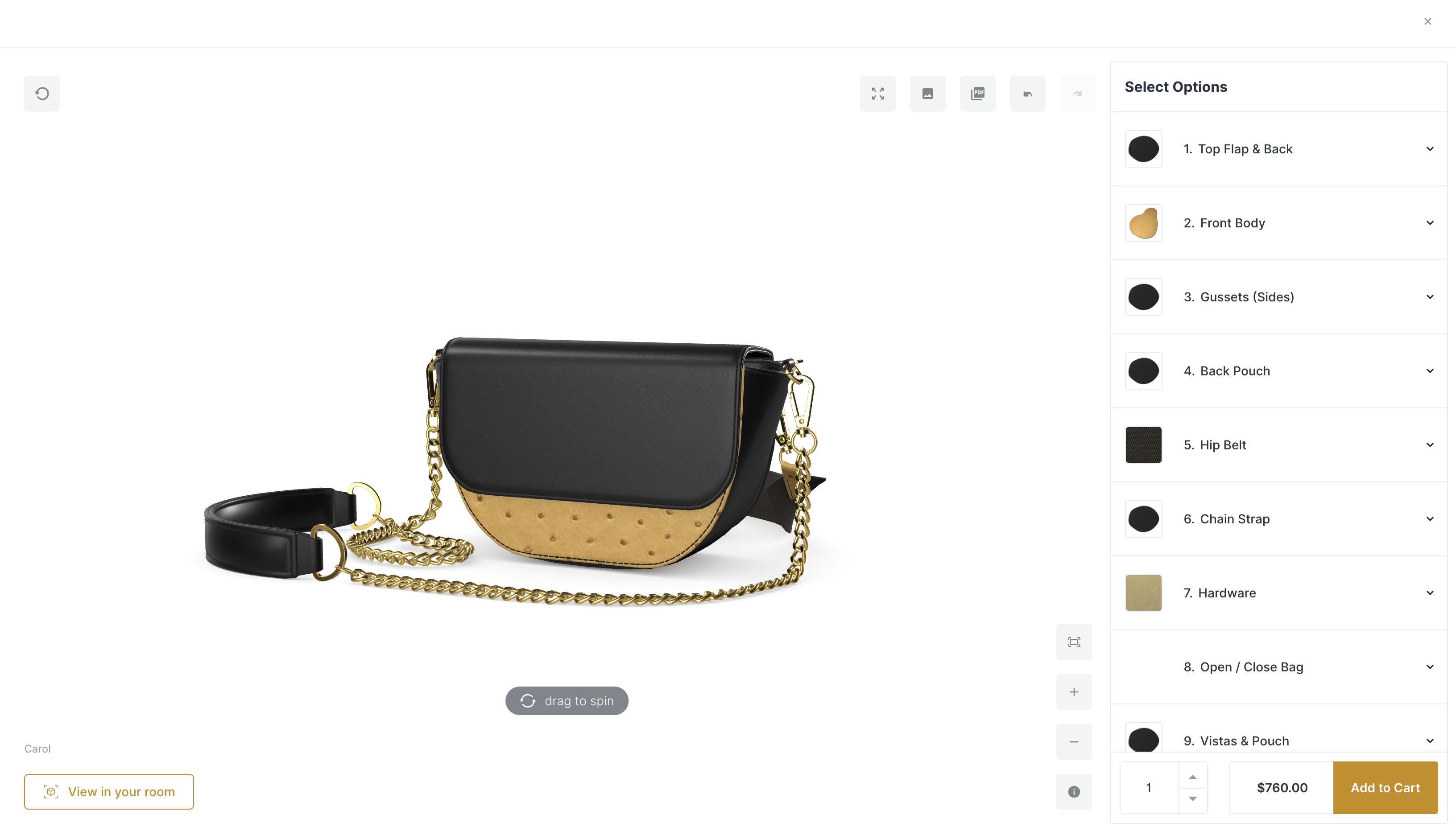 An example screenshot of Zelli Handbags' 3D product configurator powered by Mime EQ and Shopify.