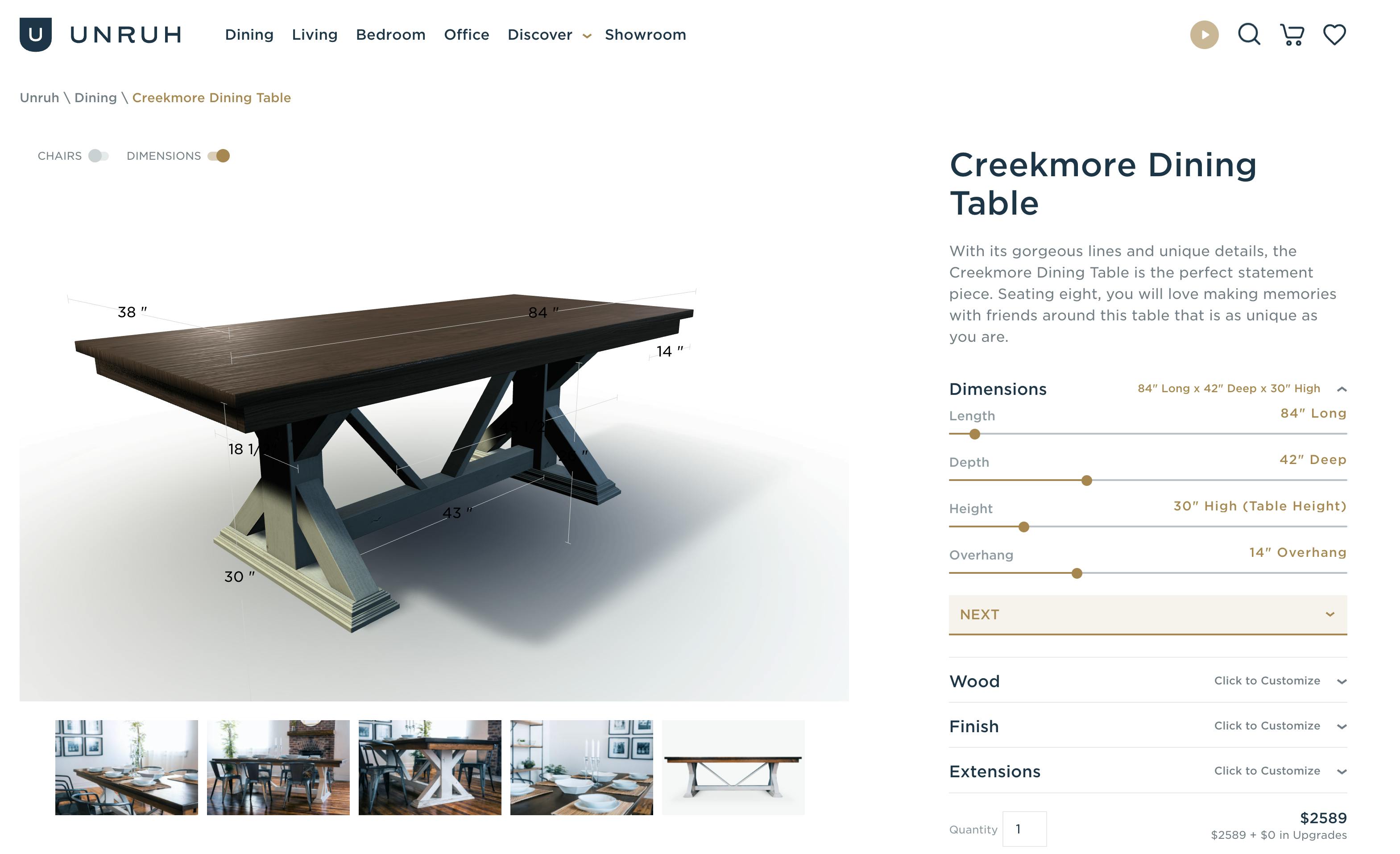 An example screenshot of Unruh Furniture's 3D product customizer powered by ShapeDiver and WooCommerce.