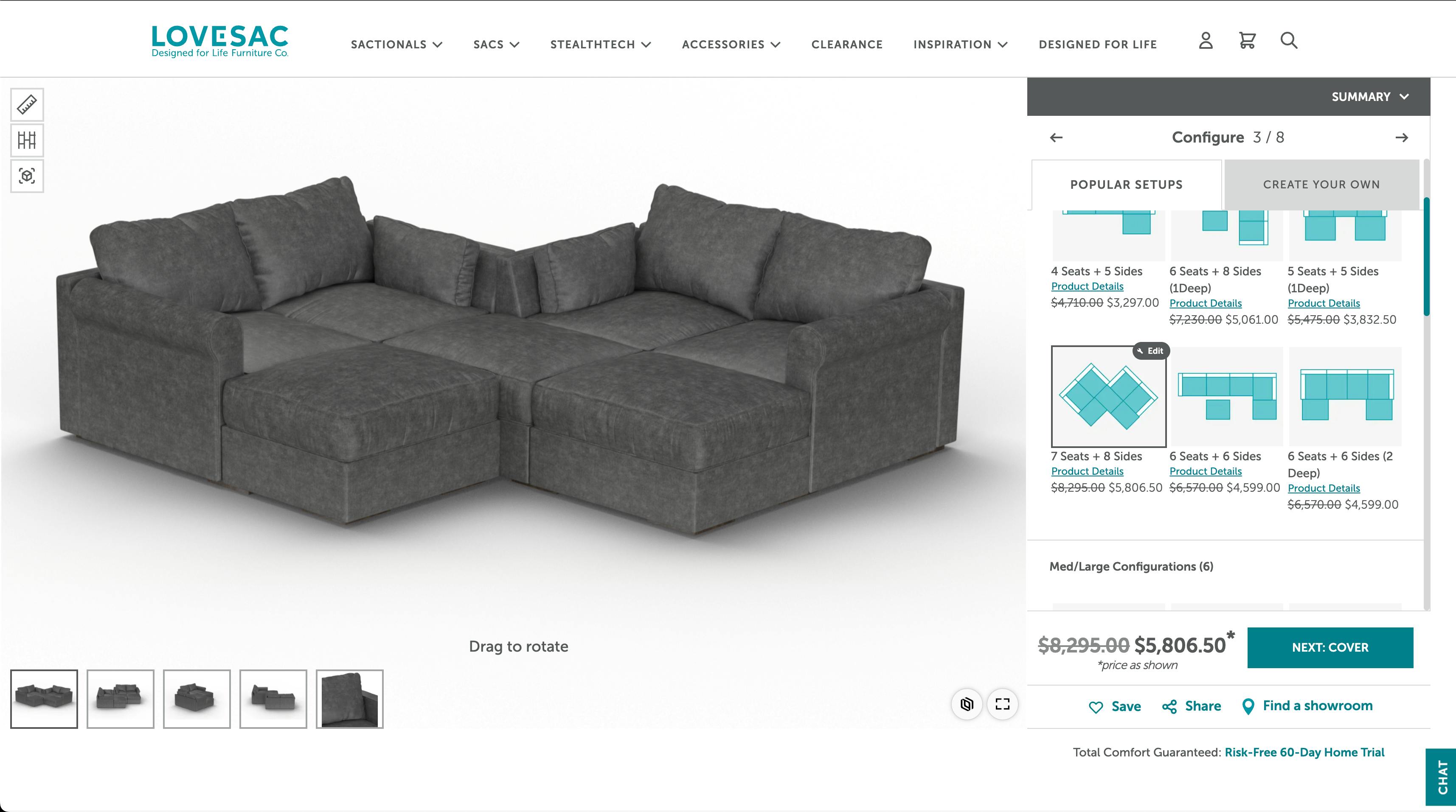 An example screenshot of Love Sac's 3D product configurator powered by Threekit and Adobe Commerce/Magento 2.