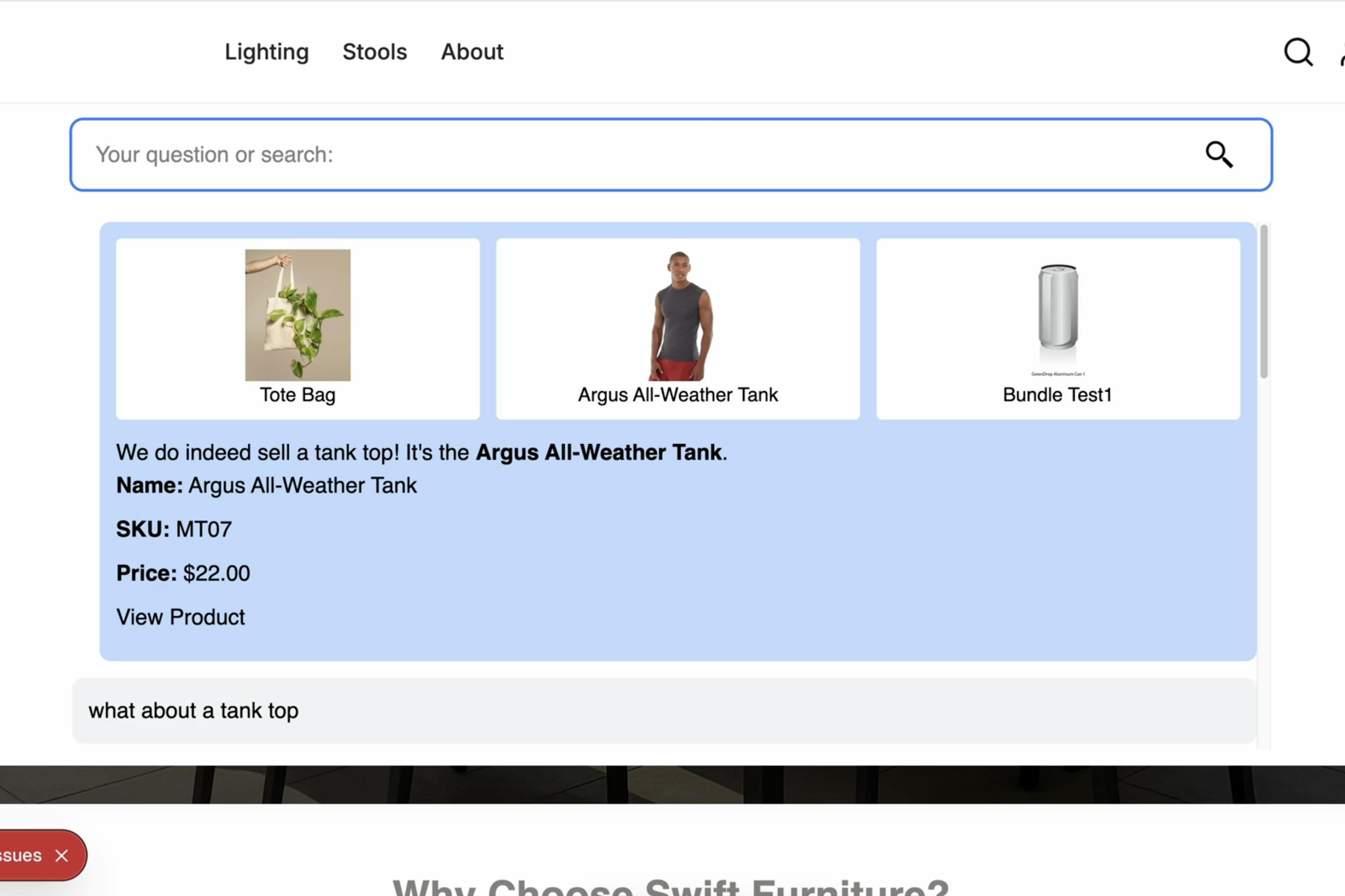 Conversational Commerce in Onsite Search by SwiftOtter on a custom BigCommerce Catalyst demo site.