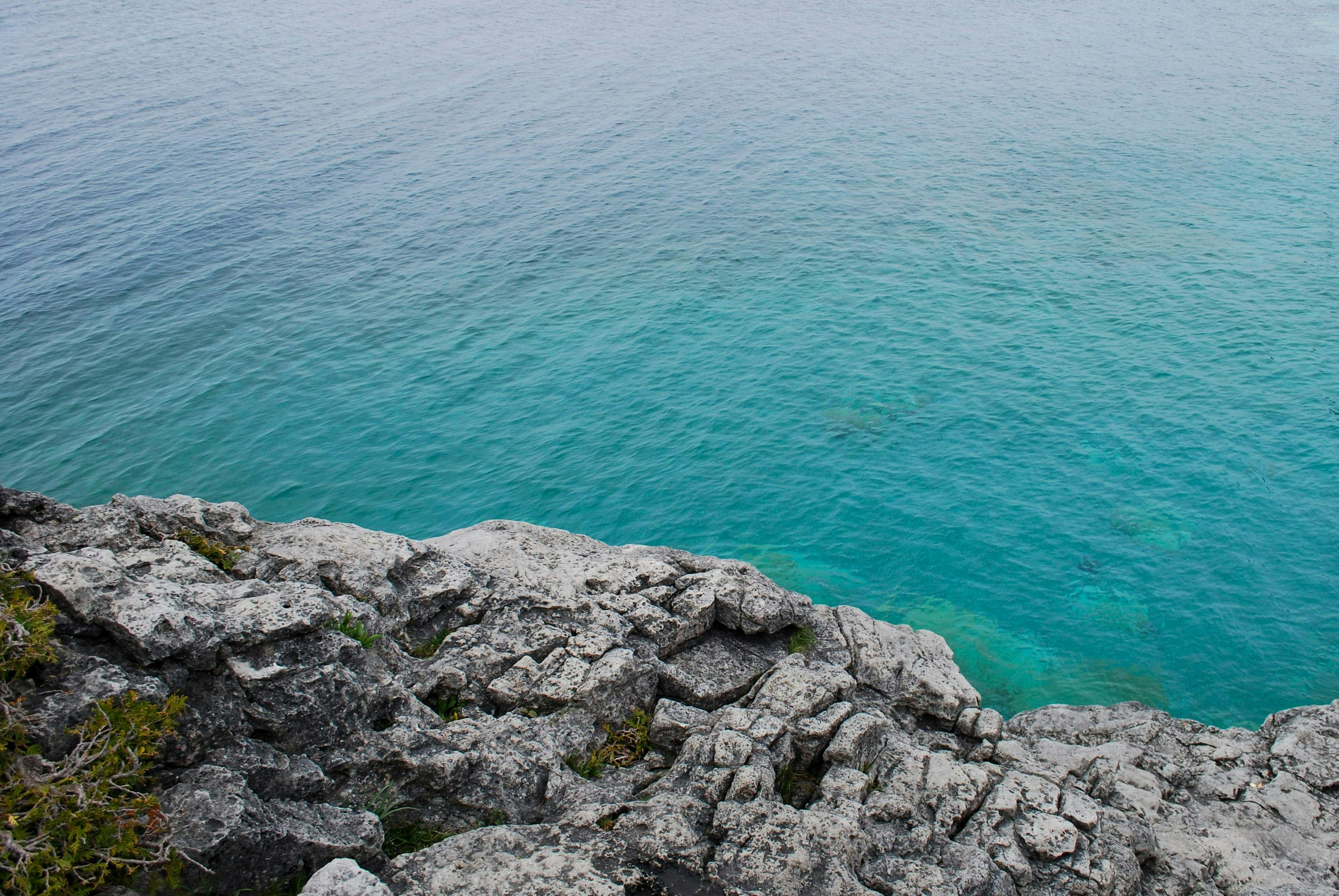 Image of a rocky shoreline and the clear blue water of the Grotto.