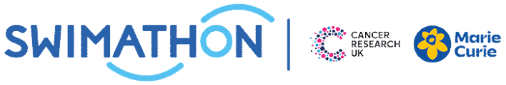Swimathon, Cancer Research UK and Marie Curie logos.