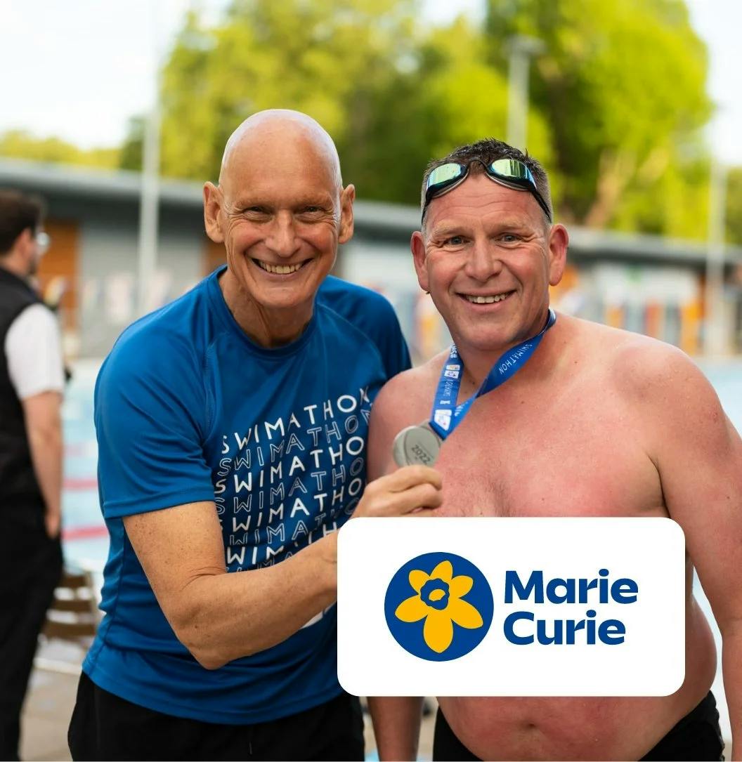 Marie Curie logo overlaid on photo of smiling swimmers.