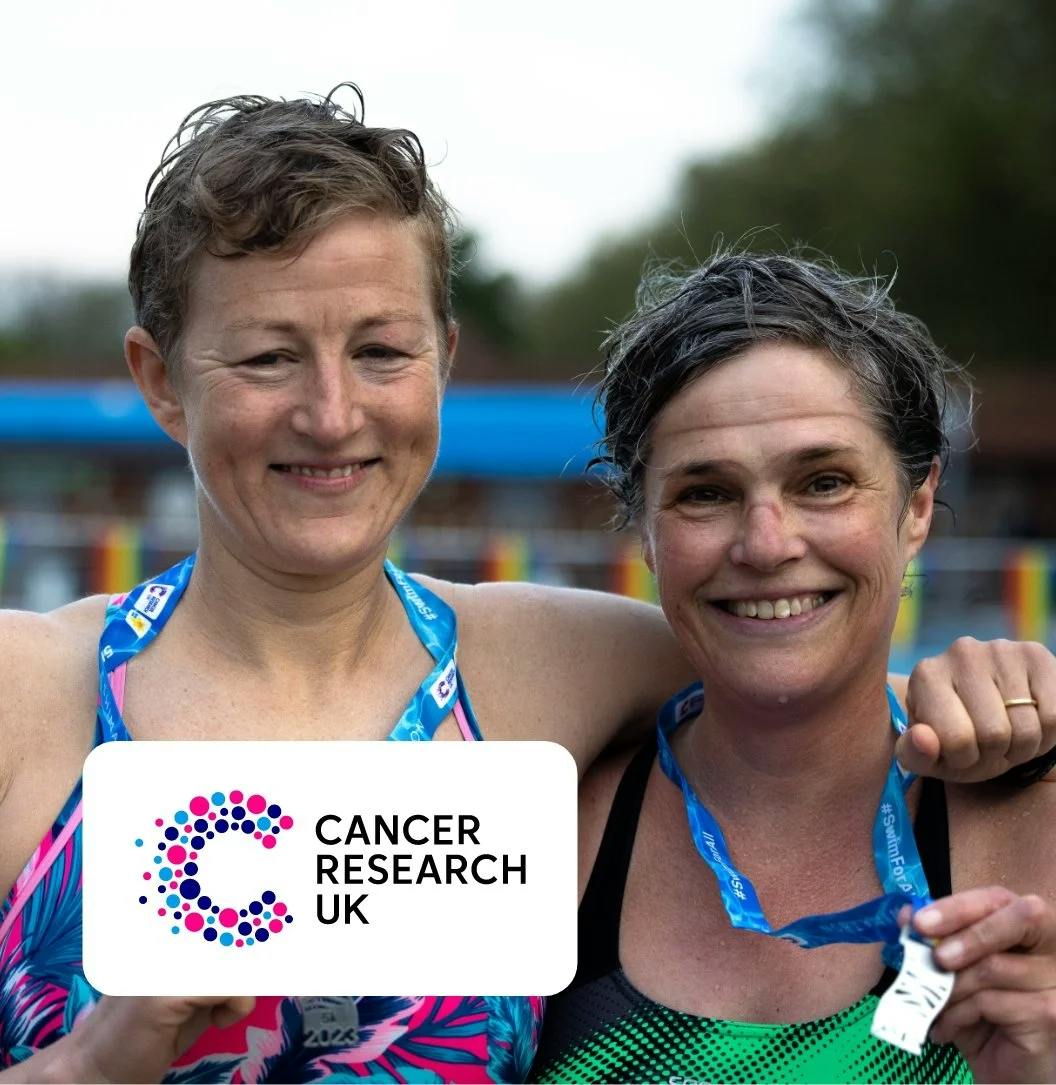 Cancer Research UK logo overlaid on photo of smiling swimmers.