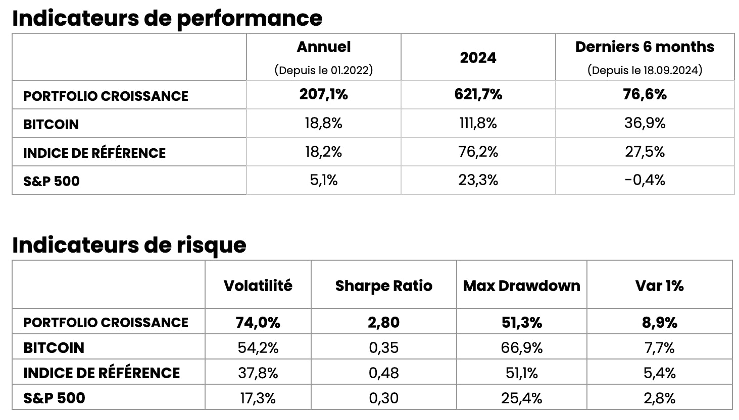 Indicateurs de performance et de risque Growth portfolio
