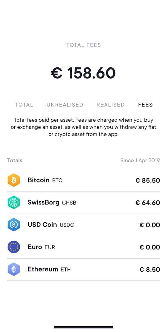 Portfolio fees screen in eur