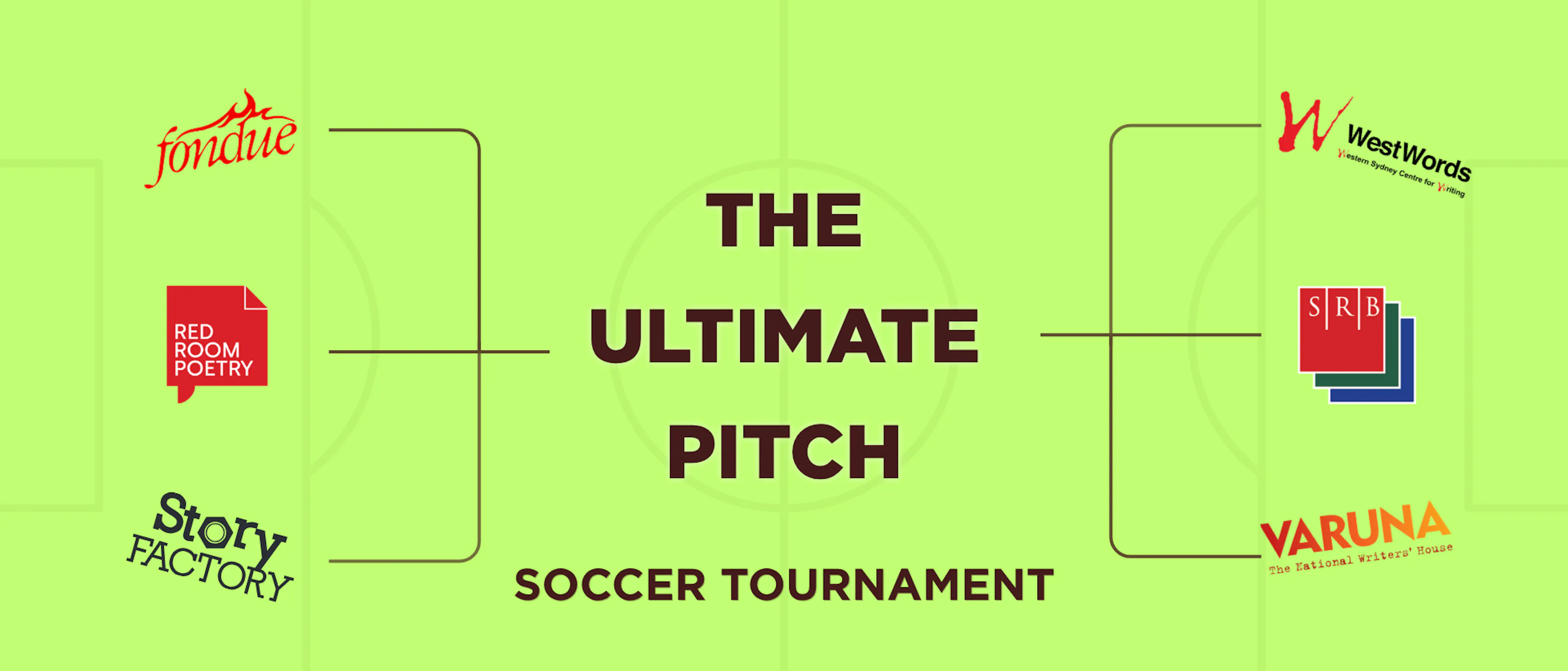 A fluorescent green rectangle with text in centre reading 'The Ultimate Pitch', flanked by six logos of different writing orgs