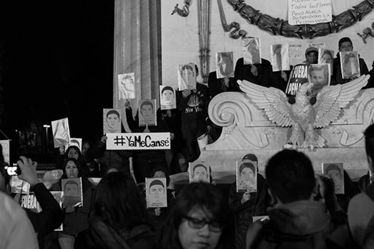 Black and white photo documenting protests in Mexico City