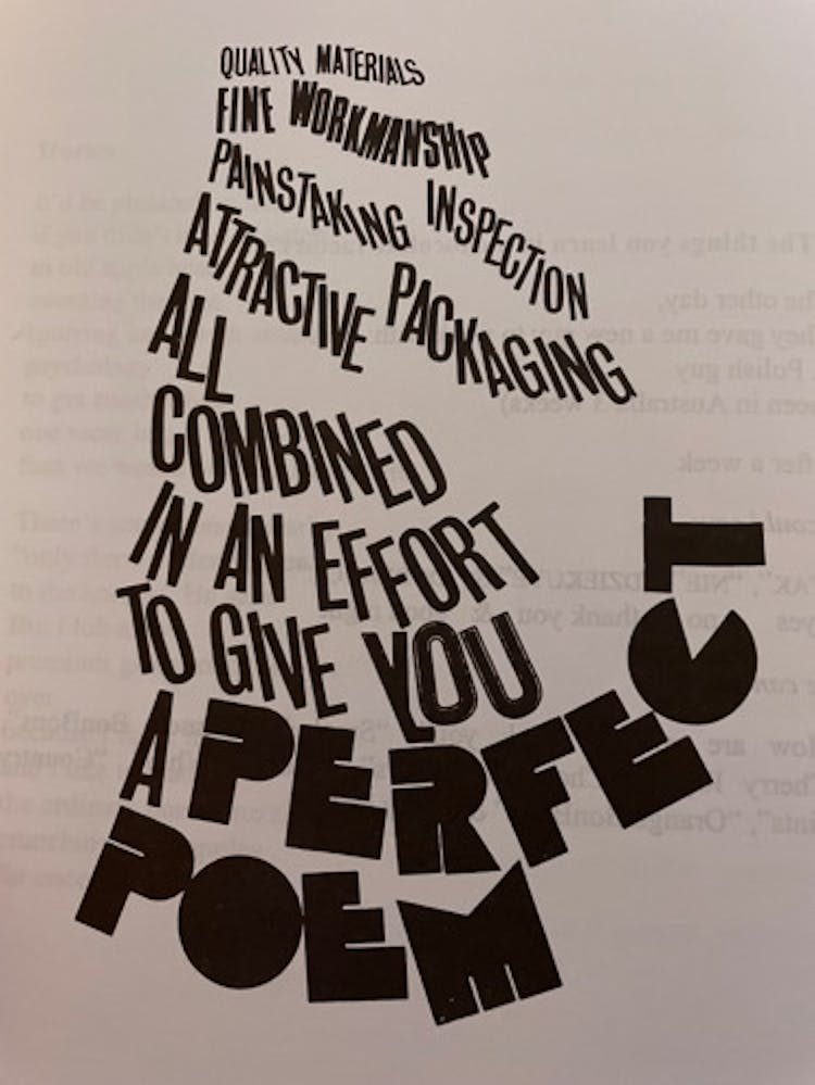 Curvy black text that reads: Quality materials fine workmanship painstaking inspection attractive packaging all combined in an effort to give you a perfect poem