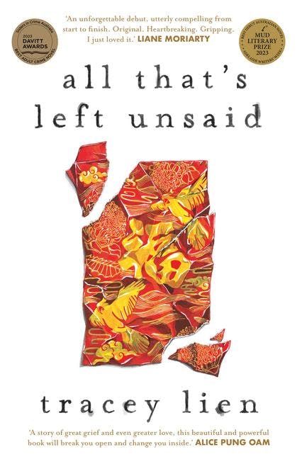 Book cover for 'all that's left unsaid' by Tracey Lien. It is a white book cover with an illustration of a torn up red money envelope.